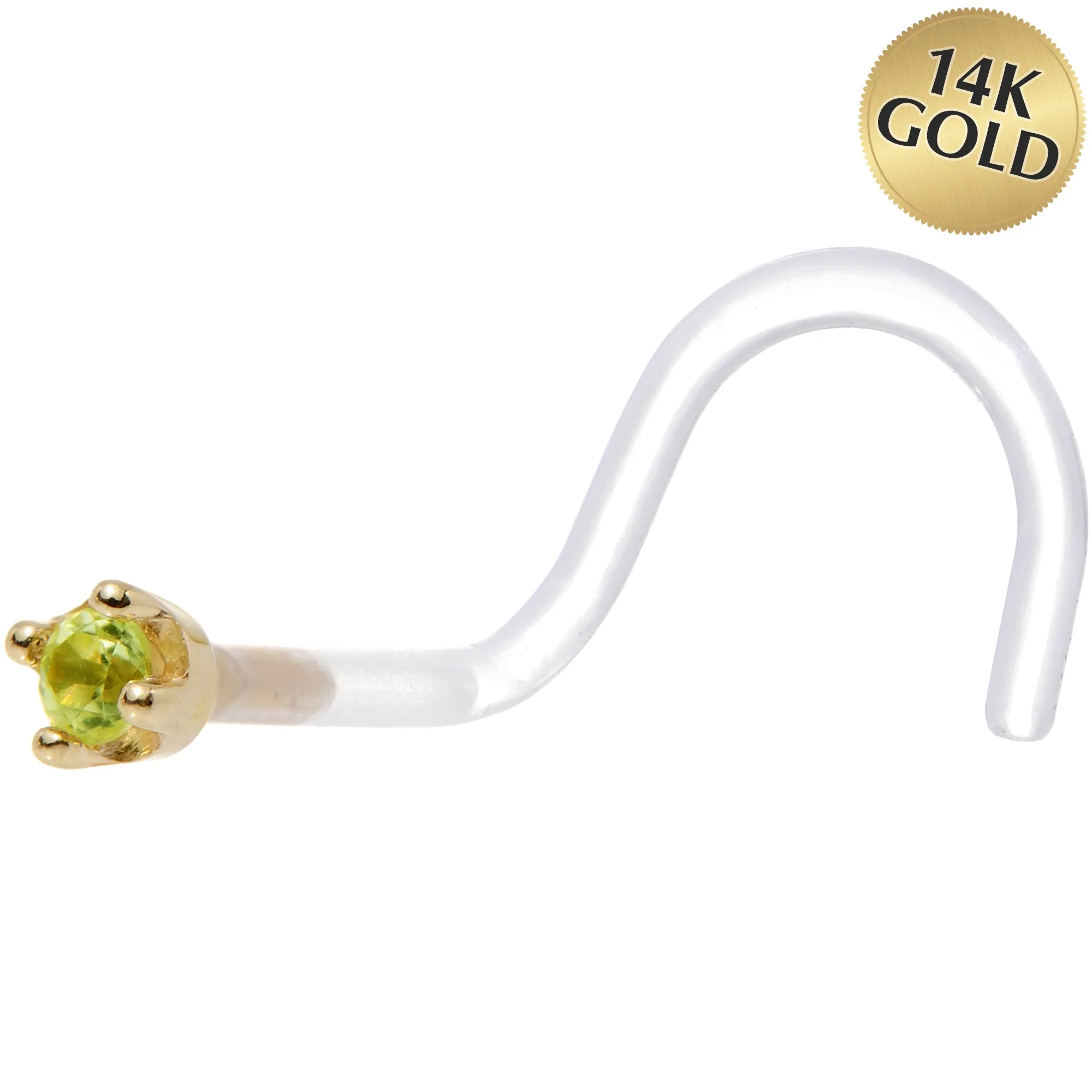18 Gauge 1/4 Yellow Gold 1.5mm Genuine Peridot Bioplast Nose Ring