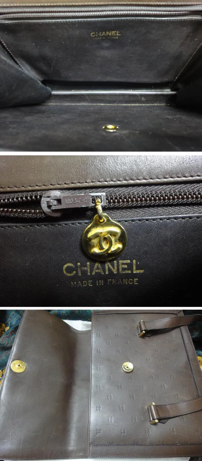70s, 80s vintage CHANEL cocoa brown calfskin handbag with gold tone CC motif and mini CC motifs allover. Rare masterpiece  back in the era.
