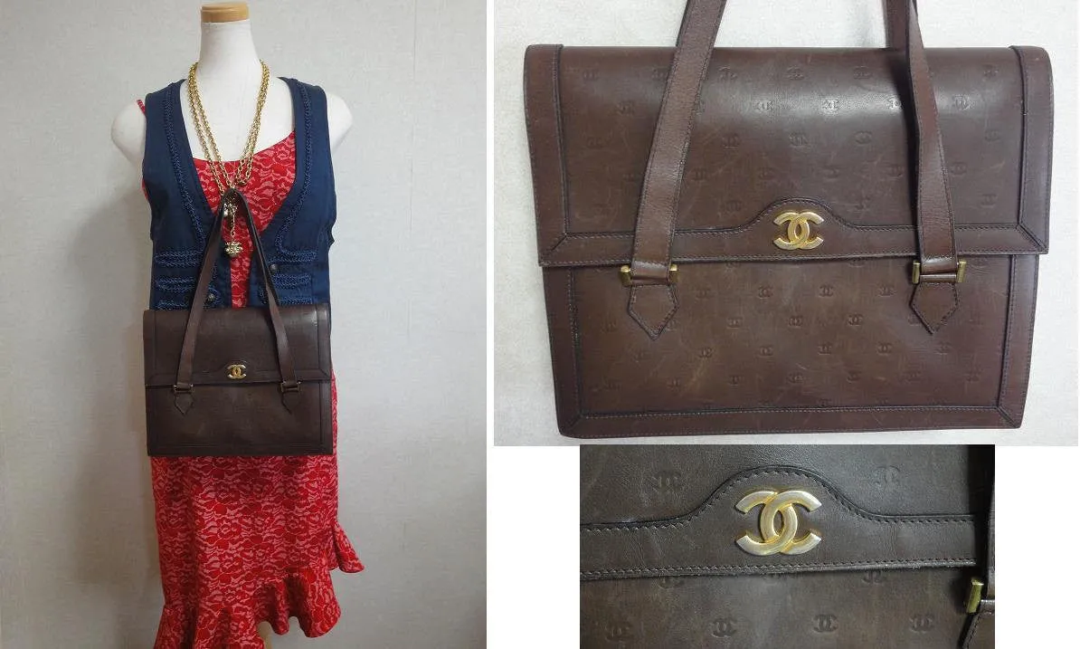 70s, 80s vintage CHANEL cocoa brown calfskin handbag with gold tone CC motif and mini CC motifs allover. Rare masterpiece  back in the era.