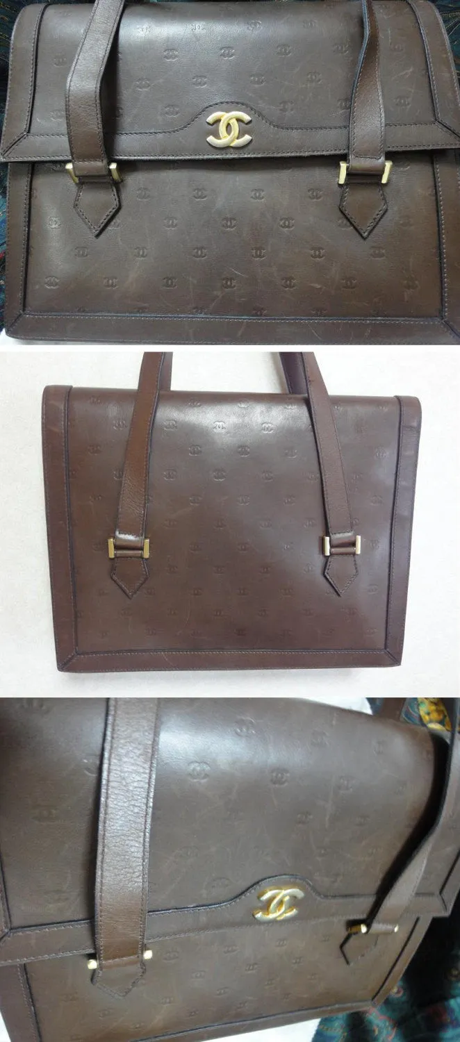 70s, 80s vintage CHANEL cocoa brown calfskin handbag with gold tone CC motif and mini CC motifs allover. Rare masterpiece  back in the era.