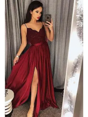 Affordable Prom Dresses Spaghetti Straps Long Lace V Neckline High Split Evening Dresses