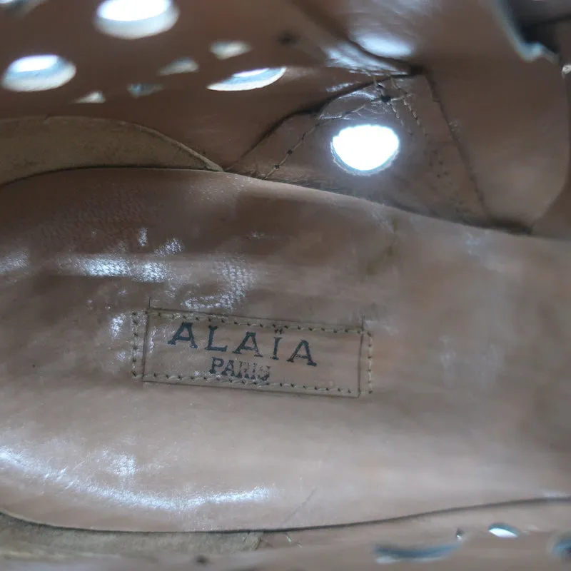 Alaia Laser-Cut Ankle Boots Black Patent Leather Size 38.5 High Heel Booties