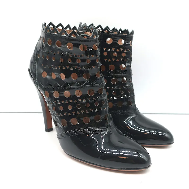 Alaia Laser-Cut Ankle Boots Black Patent Leather Size 38.5 High Heel Booties