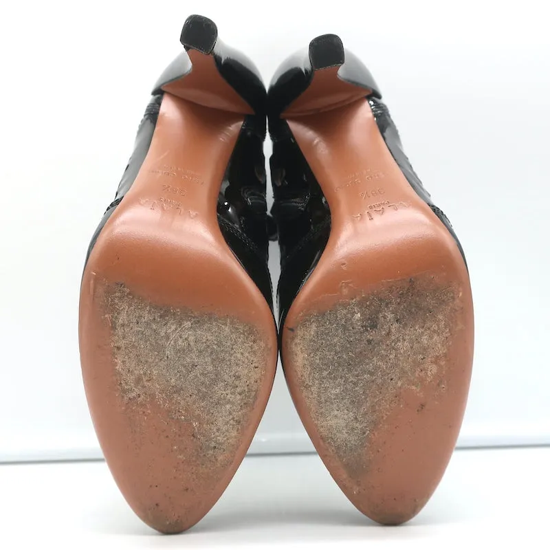 Alaia Laser-Cut Ankle Boots Black Patent Leather Size 38.5 High Heel Booties