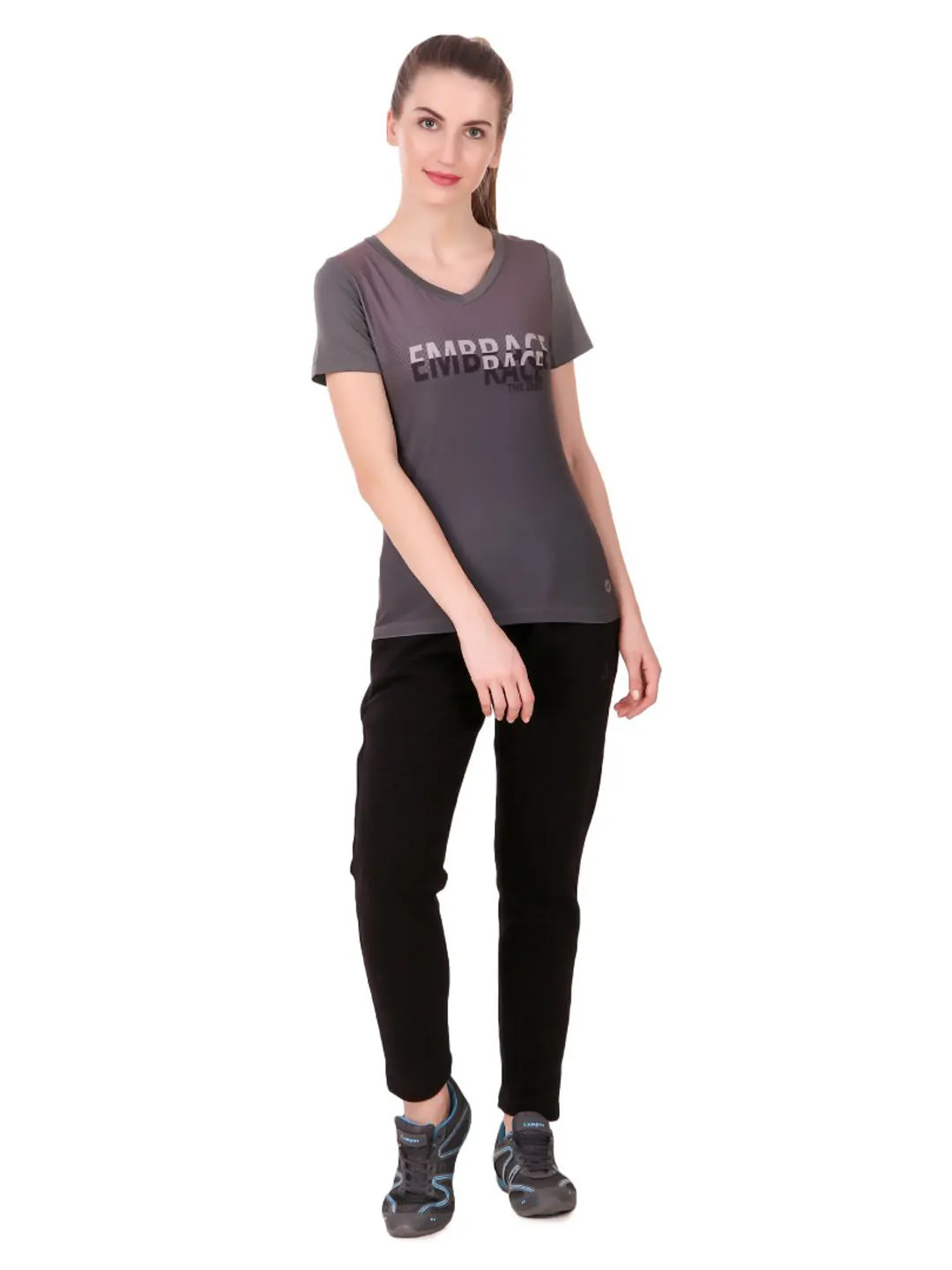 Alcis Women Grey Printed V-Neck Running T-shirt