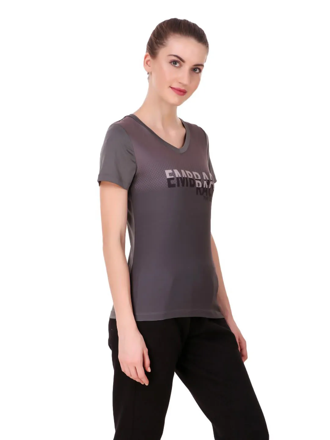 Alcis Women Grey Printed V-Neck Running T-shirt