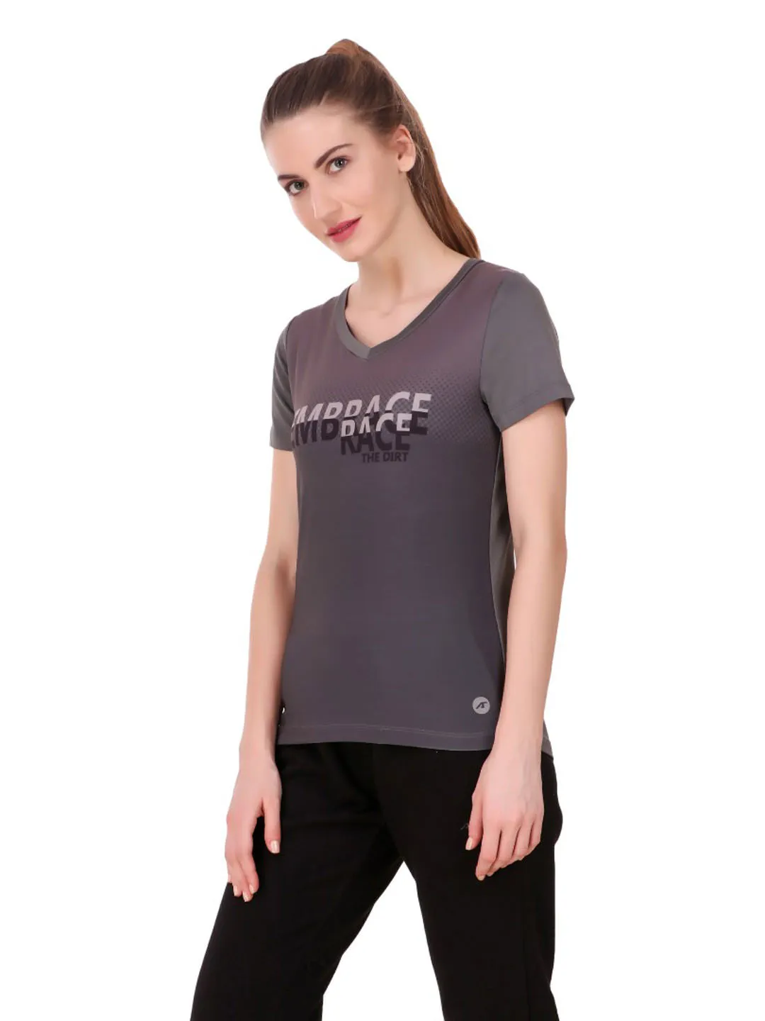Alcis Women Grey Printed V-Neck Running T-shirt