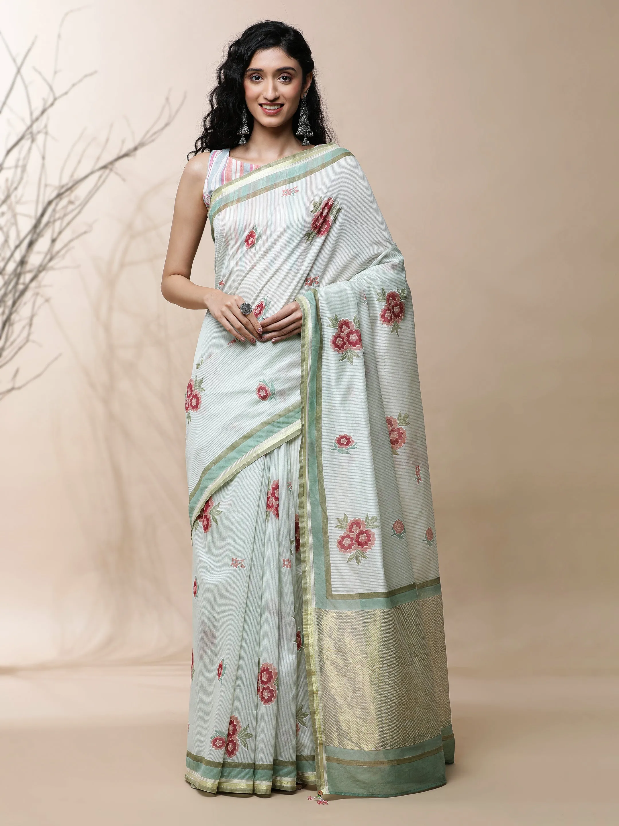 Bageecha Chanderi Green Silk Saree