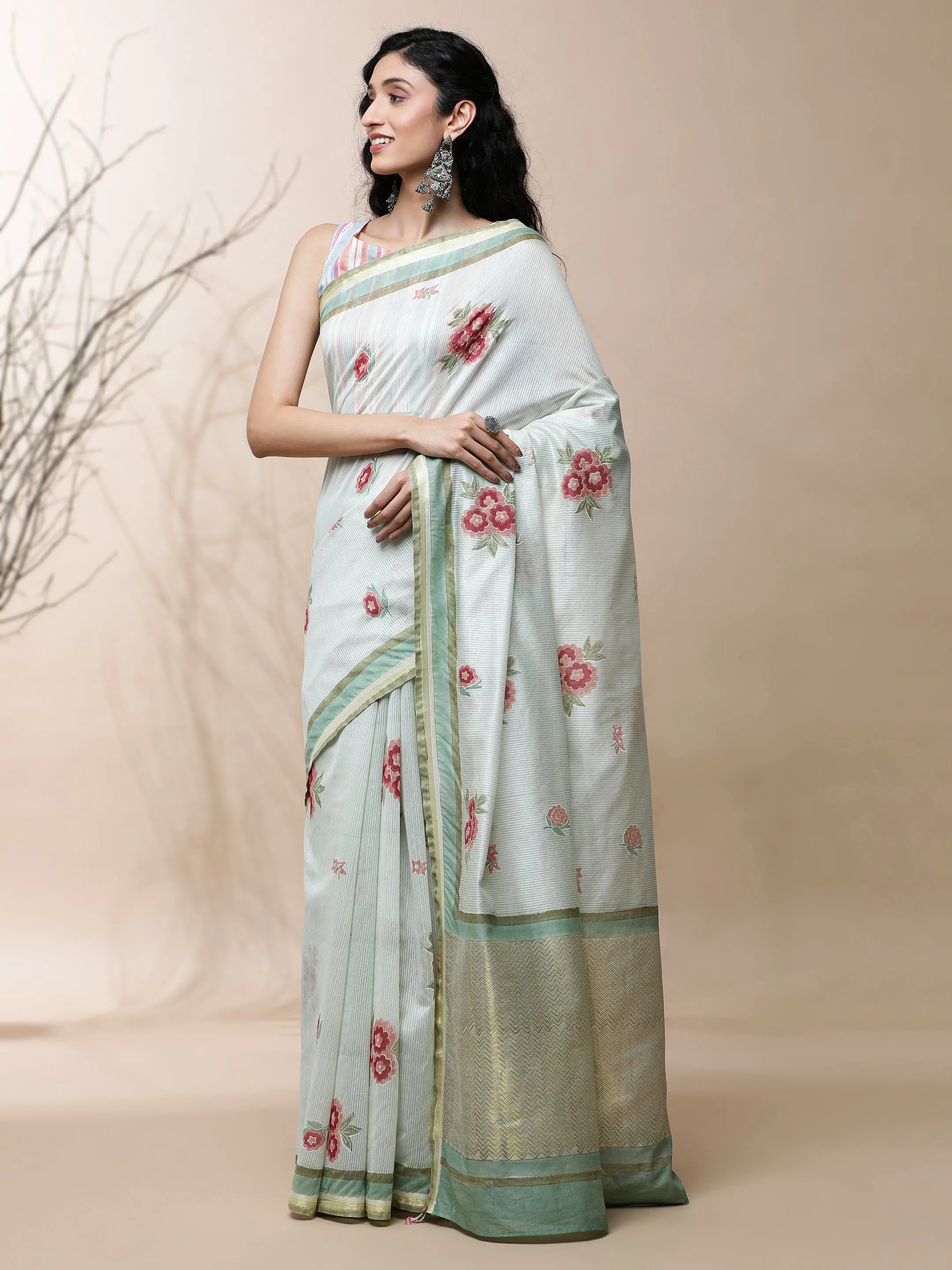 Bageecha Chanderi Green Silk Saree