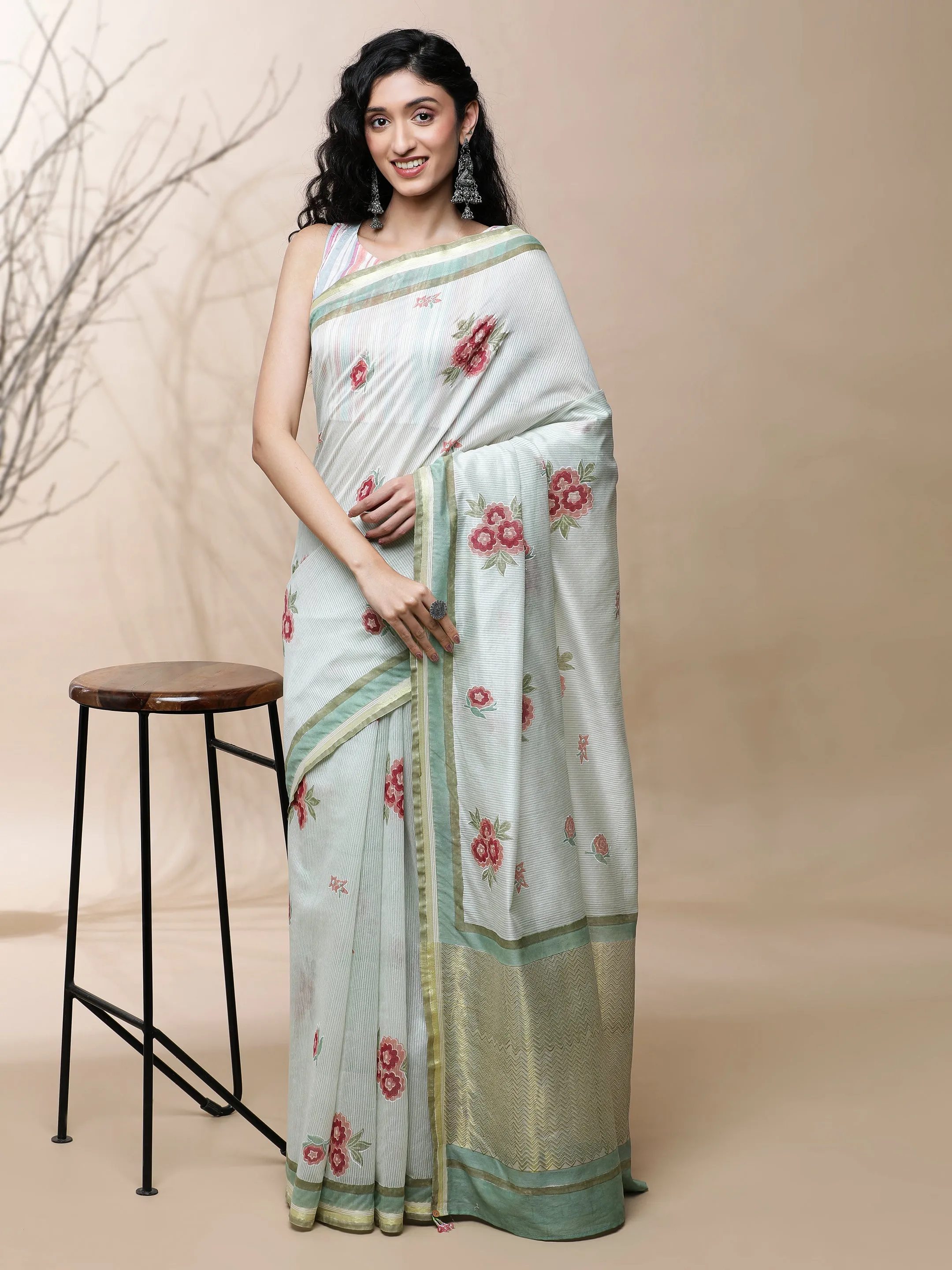 Bageecha Chanderi Green Silk Saree