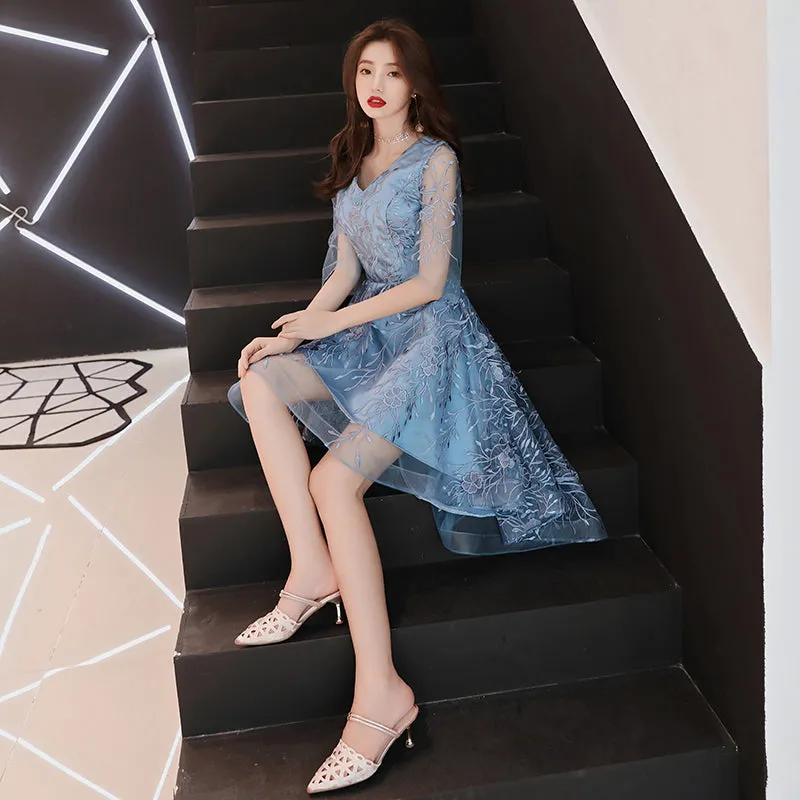 Beautiful Blue High Low Party Dress Homecoming Dress, Blue Lace Prom Dress