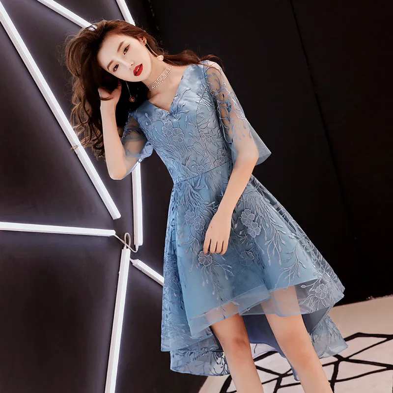 Beautiful Blue High Low Party Dress Homecoming Dress, Blue Lace Prom Dress
