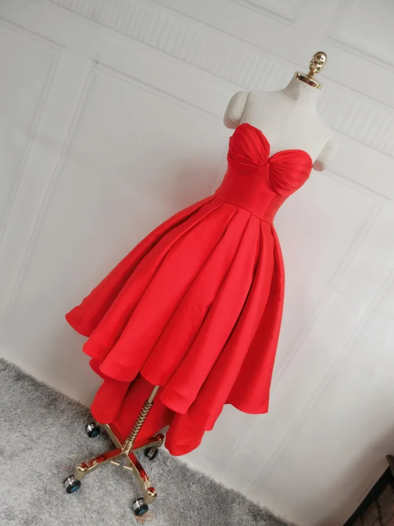 Beautiful Red Satin High Low Party Dress, Sweetheart Formal Dress