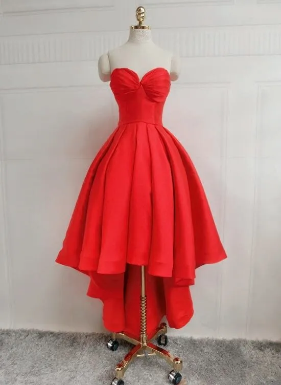 Beautiful Red Satin High Low Party Dress, Sweetheart Formal Dress