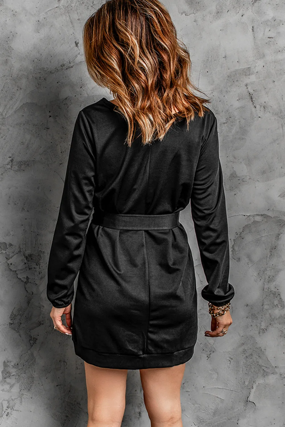Black Crewneck Long Sleeve Belted Casual Mini Dress