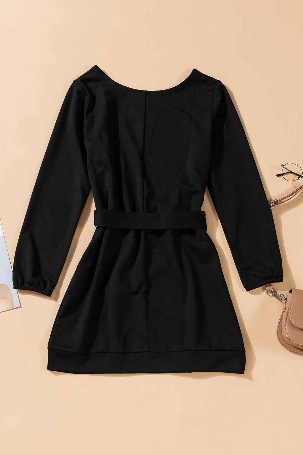 Black Crewneck Long Sleeve Belted Casual Mini Dress