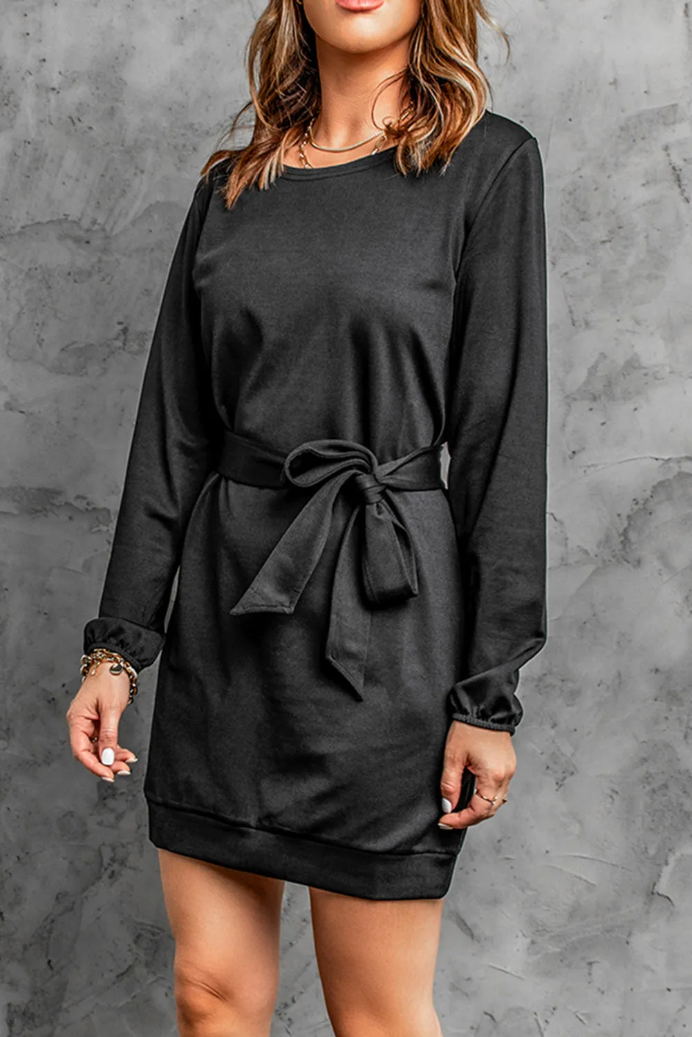 Black Crewneck Long Sleeve Belted Casual Mini Dress