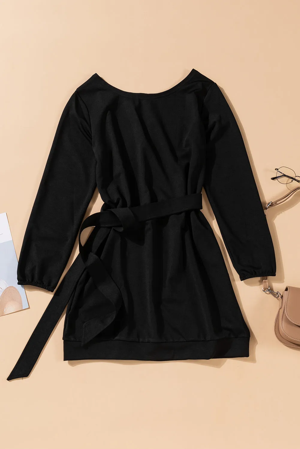 Black Crewneck Long Sleeve Belted Casual Mini Dress