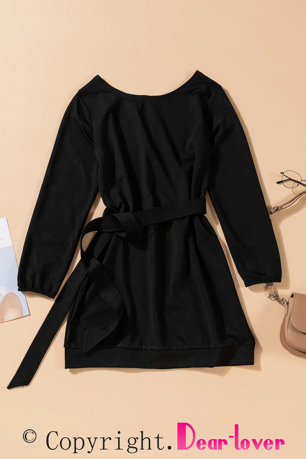 Black Crewneck Long Sleeve Belted Casual Mini Dress