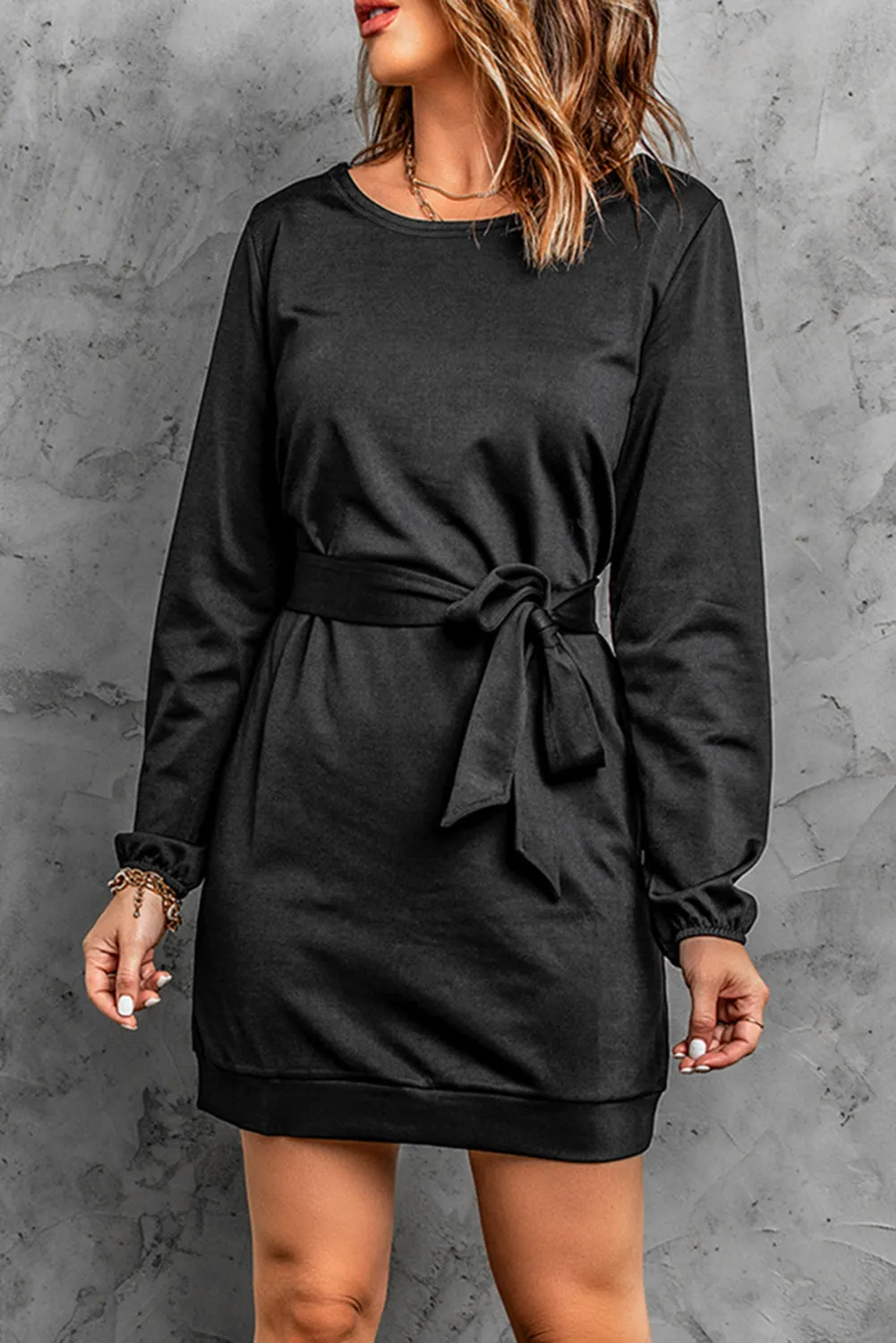 Black Crewneck Long Sleeve Belted Casual Mini Dress