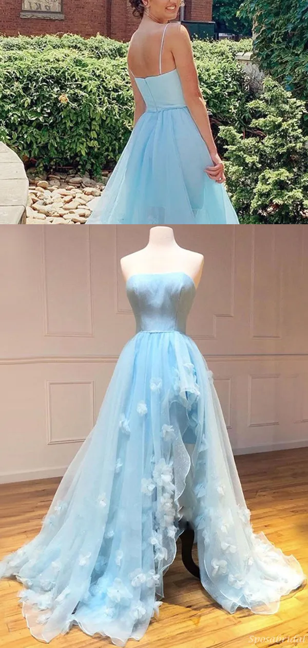 Blue Floral Spaghetti Straps Straight-across High-low Side-slit Long Prom Dress, PD3290