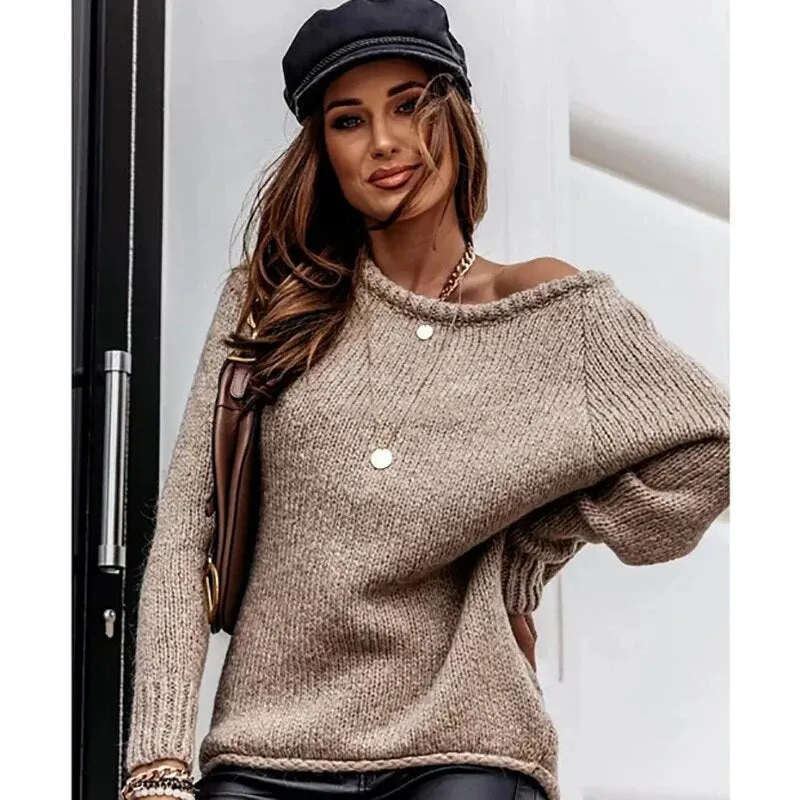 Boho Vintage Oversized Sweater Knitwear Tops Off the Shoulder Large Knit Sweater