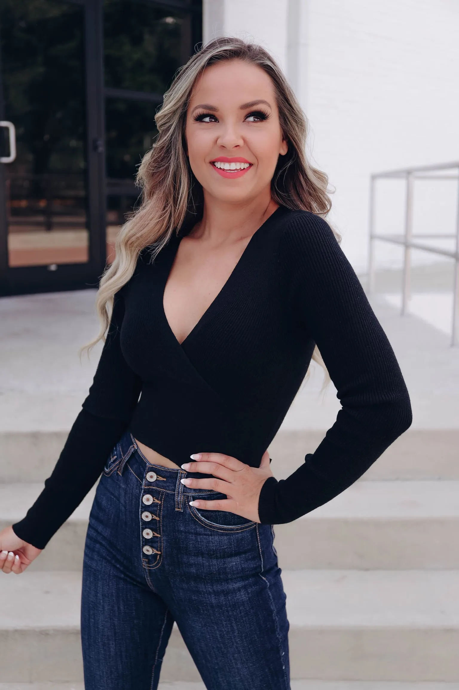 Celeste Cropped Surplice Sweater - Black
