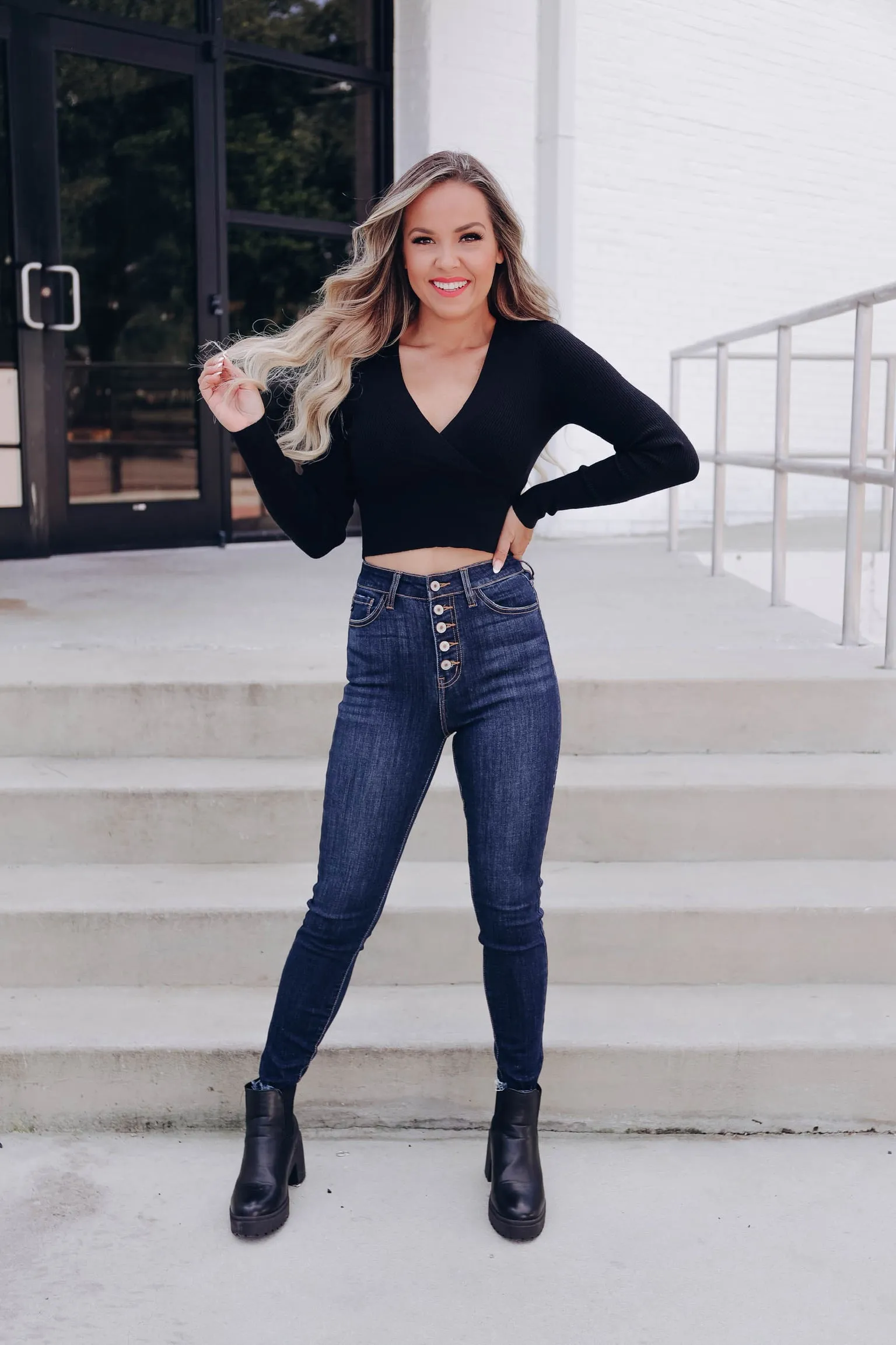 Celeste Cropped Surplice Sweater - Black