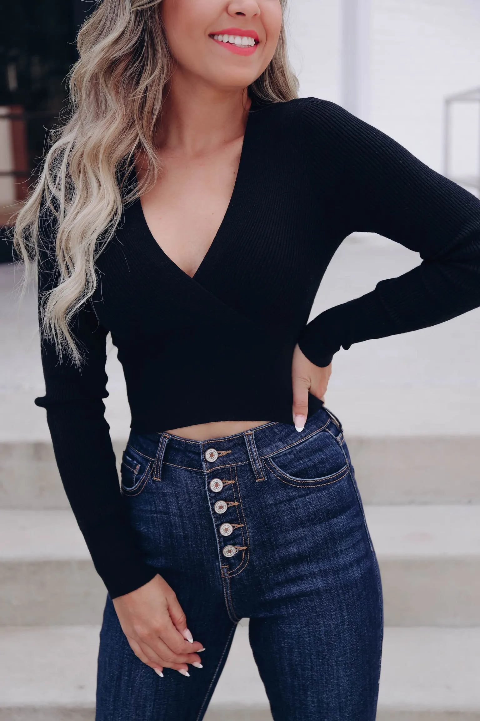 Celeste Cropped Surplice Sweater - Black