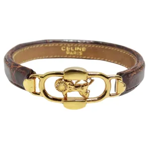 Celine 1990s Gold Tone Horse Emblem Leather Bracelet