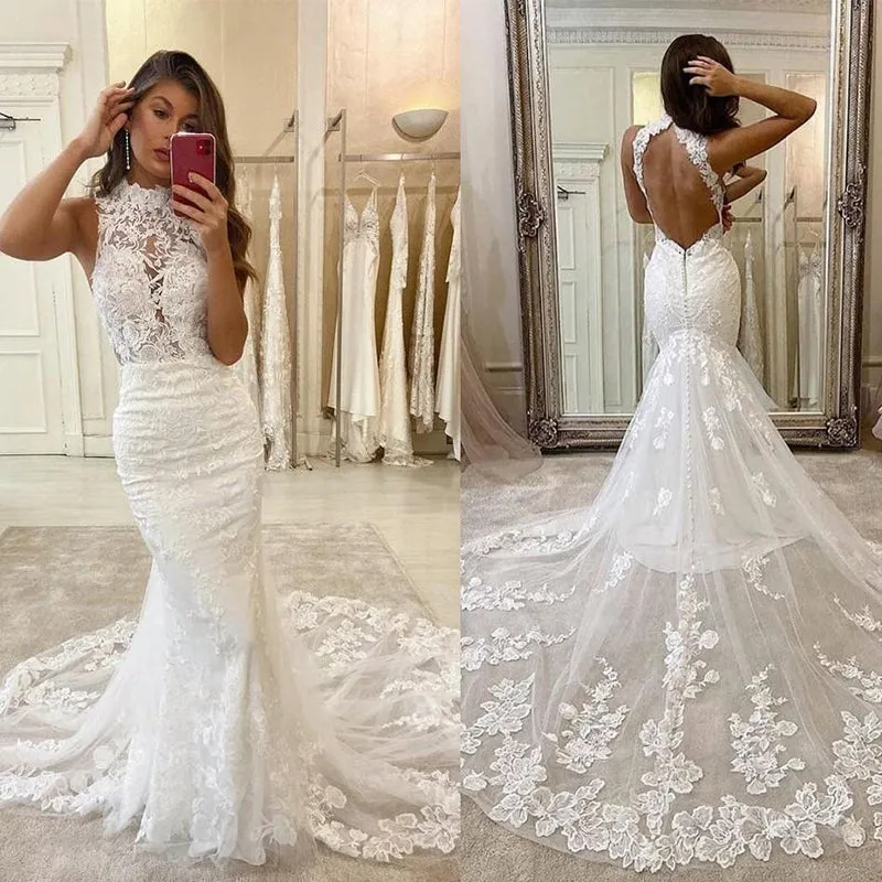 Charming Mermaid High Neck Lace Vintage Modest Wedding Dresses WD0422