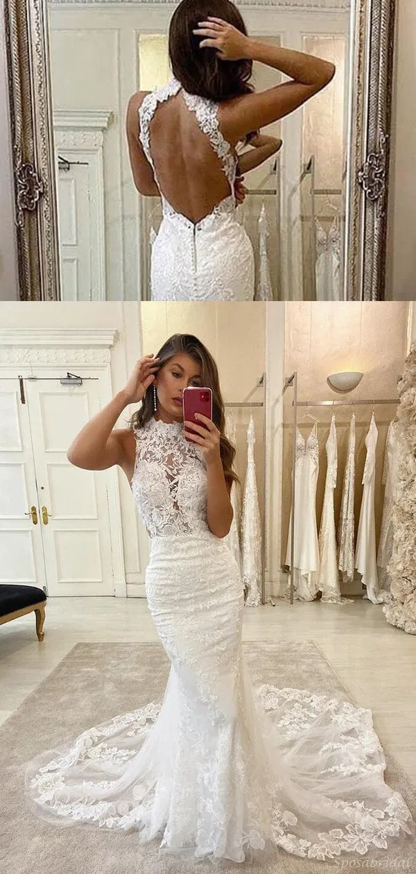Charming Mermaid High Neck Lace Vintage Modest Wedding Dresses WD0422