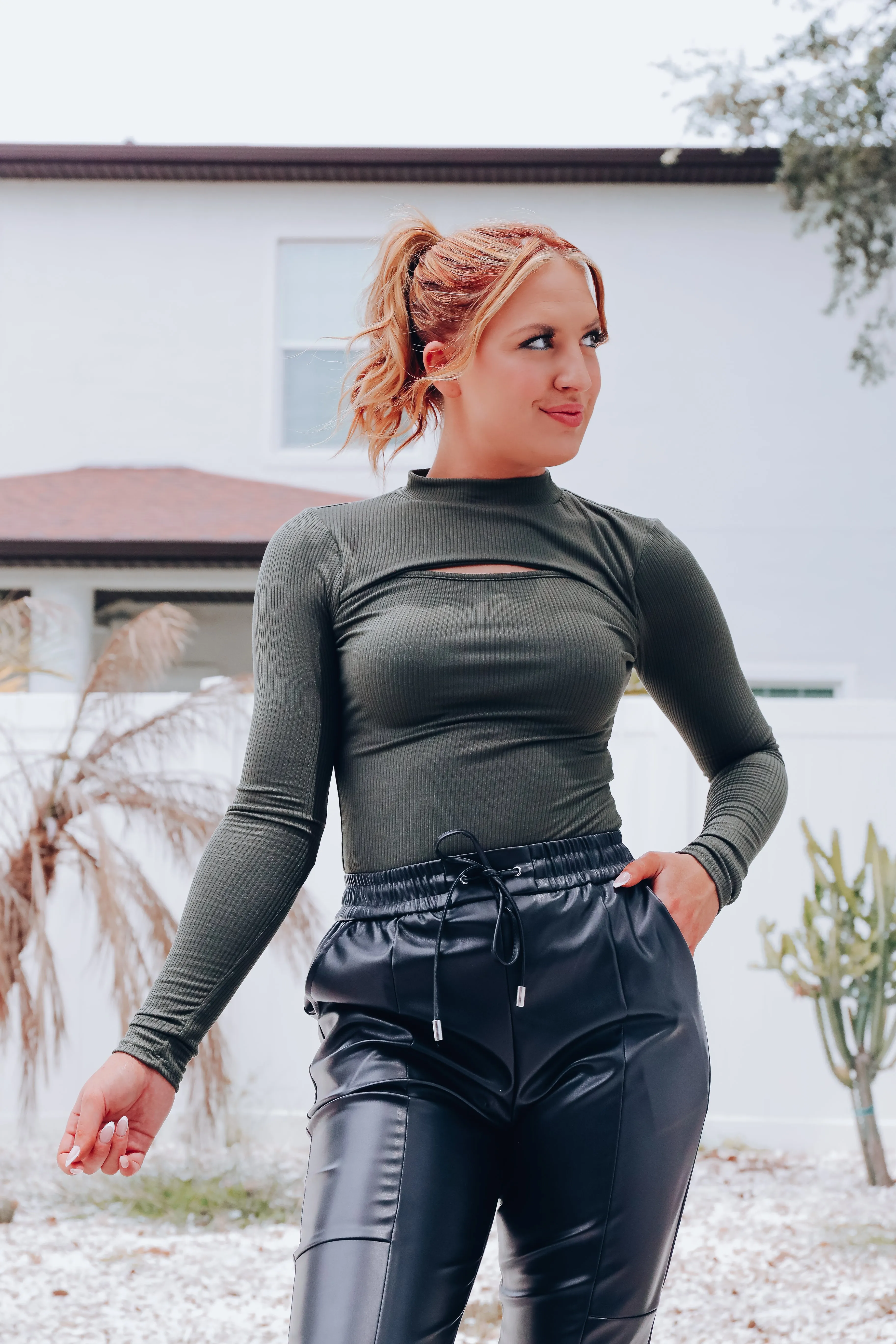 Christa Cut-Out Bodysuit- Olive