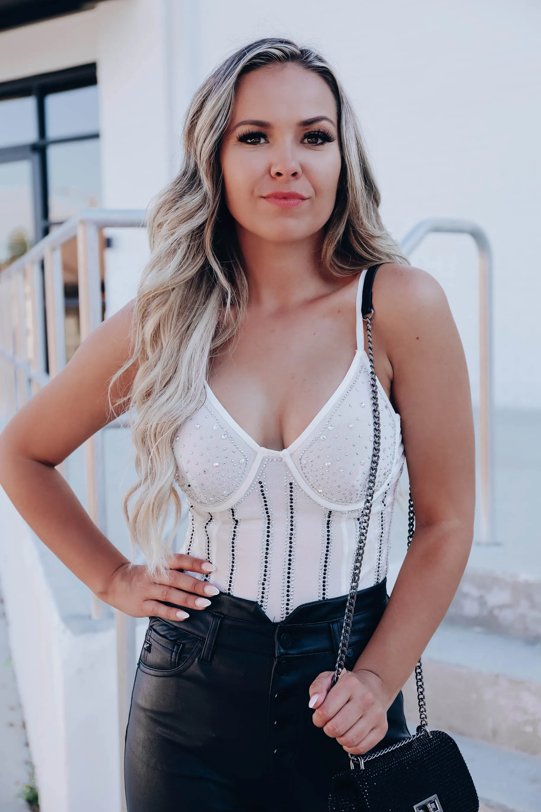 Dazzle Me Rhinestone Bustier Bodysuit - White