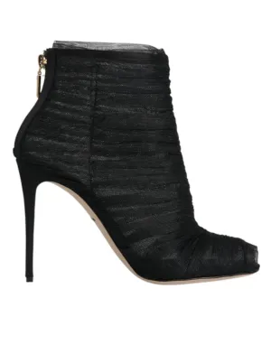 Dolce&Gabbana Women Black Ankle Boots Mesh Peep Toe Zip High Heel Booties EUR 40