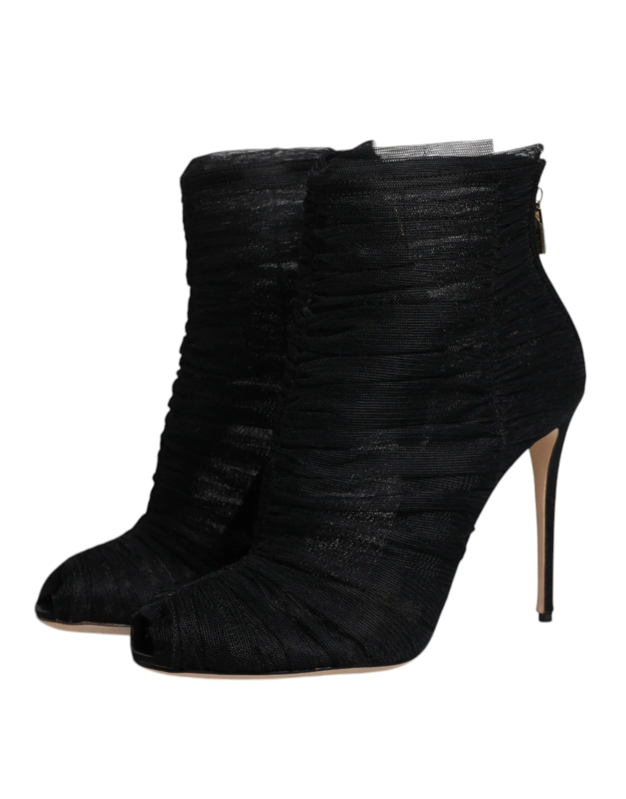 Dolce&Gabbana Women Black Ankle Boots Mesh Peep Toe Zip High Heel Booties EUR 40