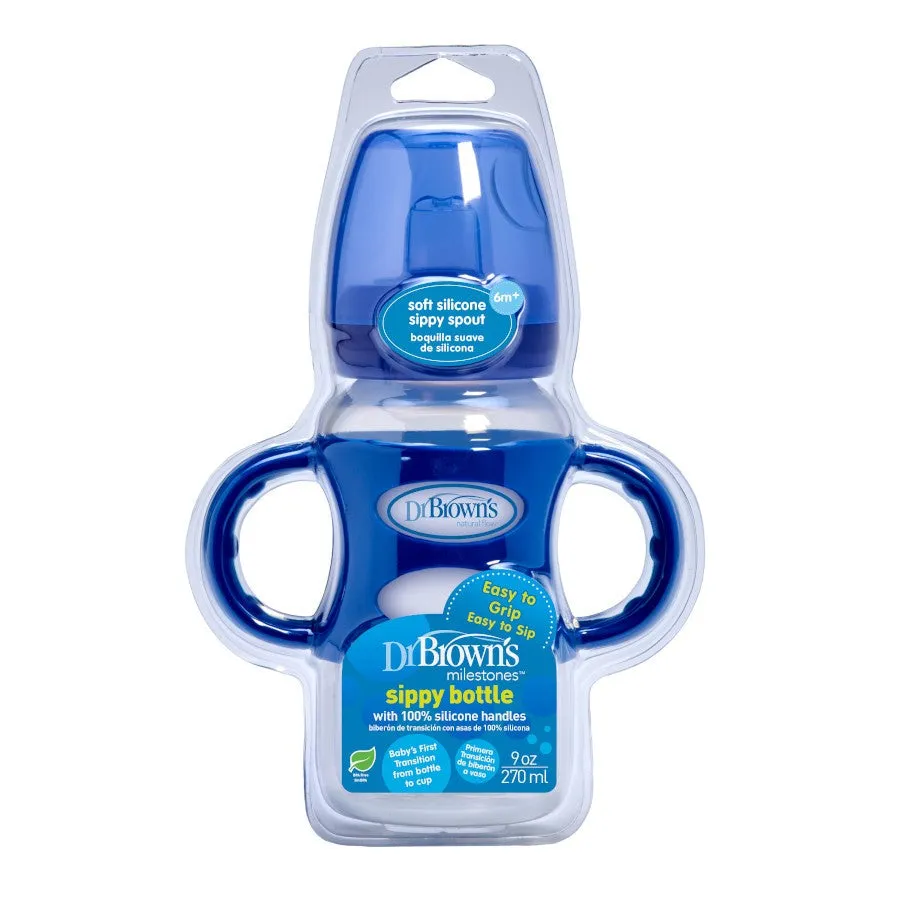 Dr Brown's 9oz/270ml PP WW "Options Compatible " Sippy Spout Bottle W/ Silicon Handles, Blue