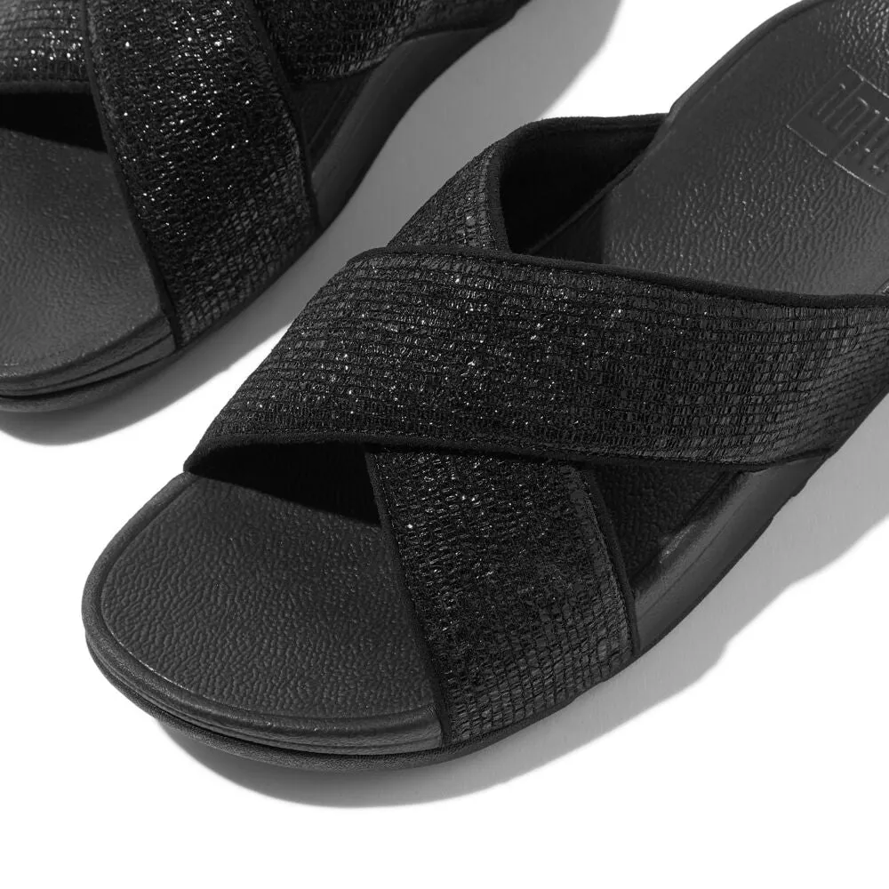 FitFlop Lulu Crinkled Shimmer Cross Slides Sandals - Metallic Black