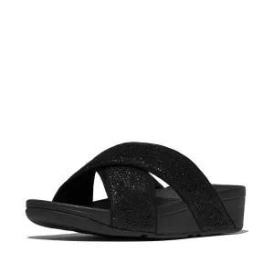 FitFlop Lulu Crinkled Shimmer Cross Slides Sandals - Metallic Black