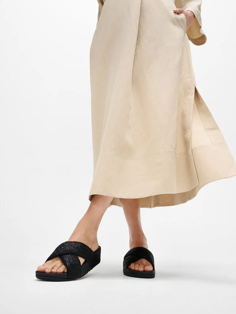 FitFlop Lulu Crinkled Shimmer Cross Slides Sandals - Metallic Black