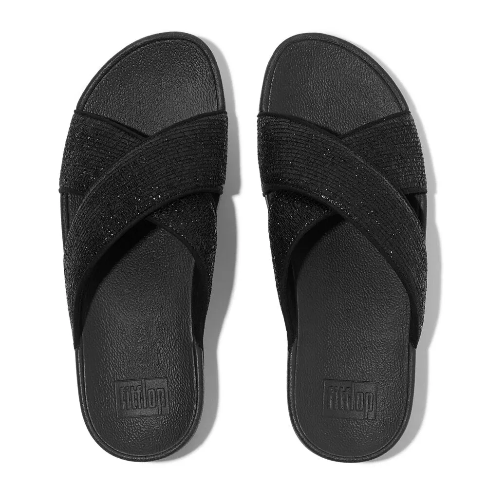FitFlop Lulu Crinkled Shimmer Cross Slides Sandals - Metallic Black