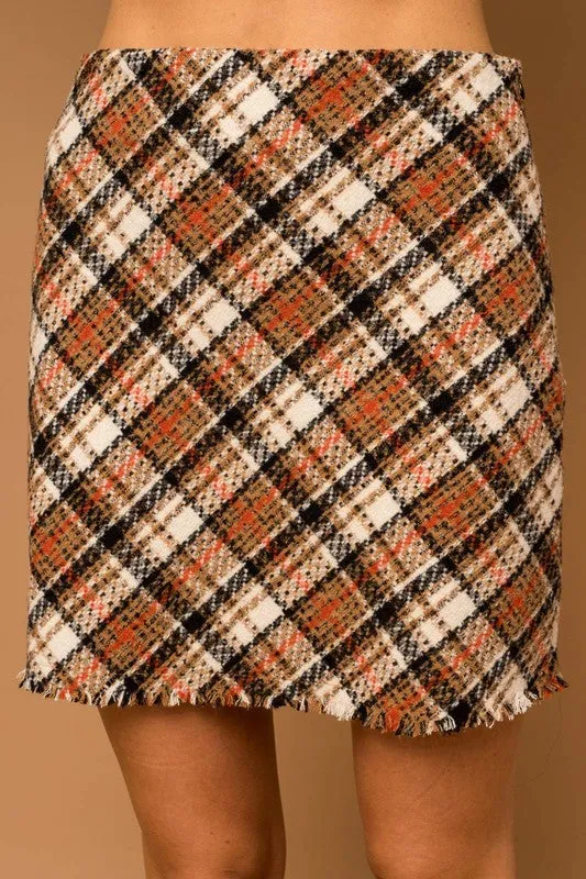 Gilli Bias Plaid Frayed Hem Mini Skirt