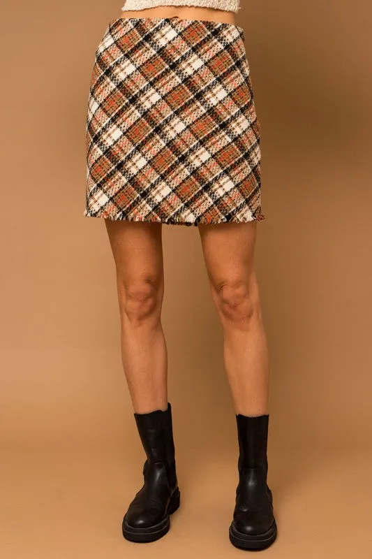 Gilli Bias Plaid Frayed Hem Mini Skirt