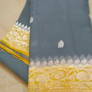 Gray-Yellow Buti Banarasi Khaddi Georgette Saree