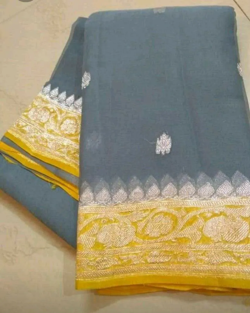 Gray-Yellow Buti Banarasi Khaddi Georgette Saree
