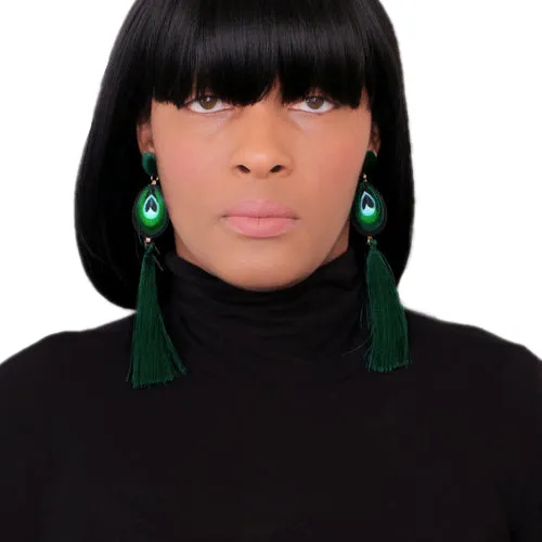 Green Long Peacock Tassel Earrings