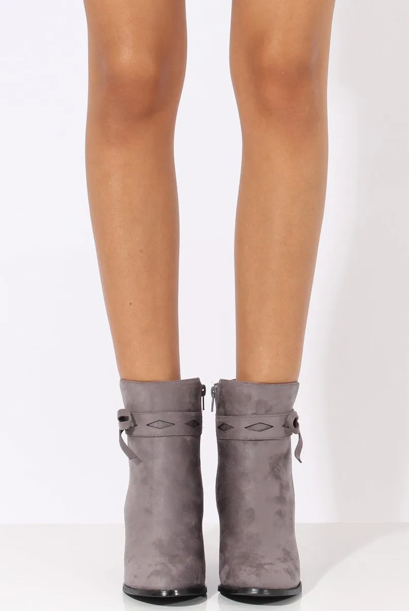 Grey Suede Bow Detail Heeled Ankle Boots - Emrata