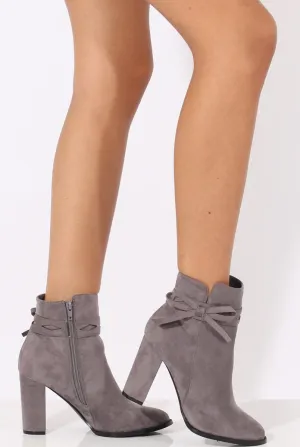 Grey Suede Bow Detail Heeled Ankle Boots - Emrata
