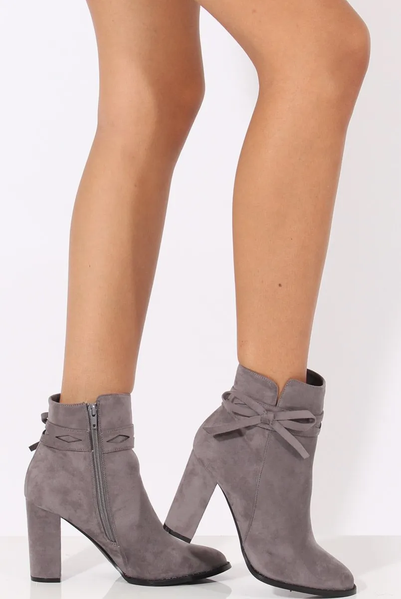 Grey Suede Bow Detail Heeled Ankle Boots - Emrata
