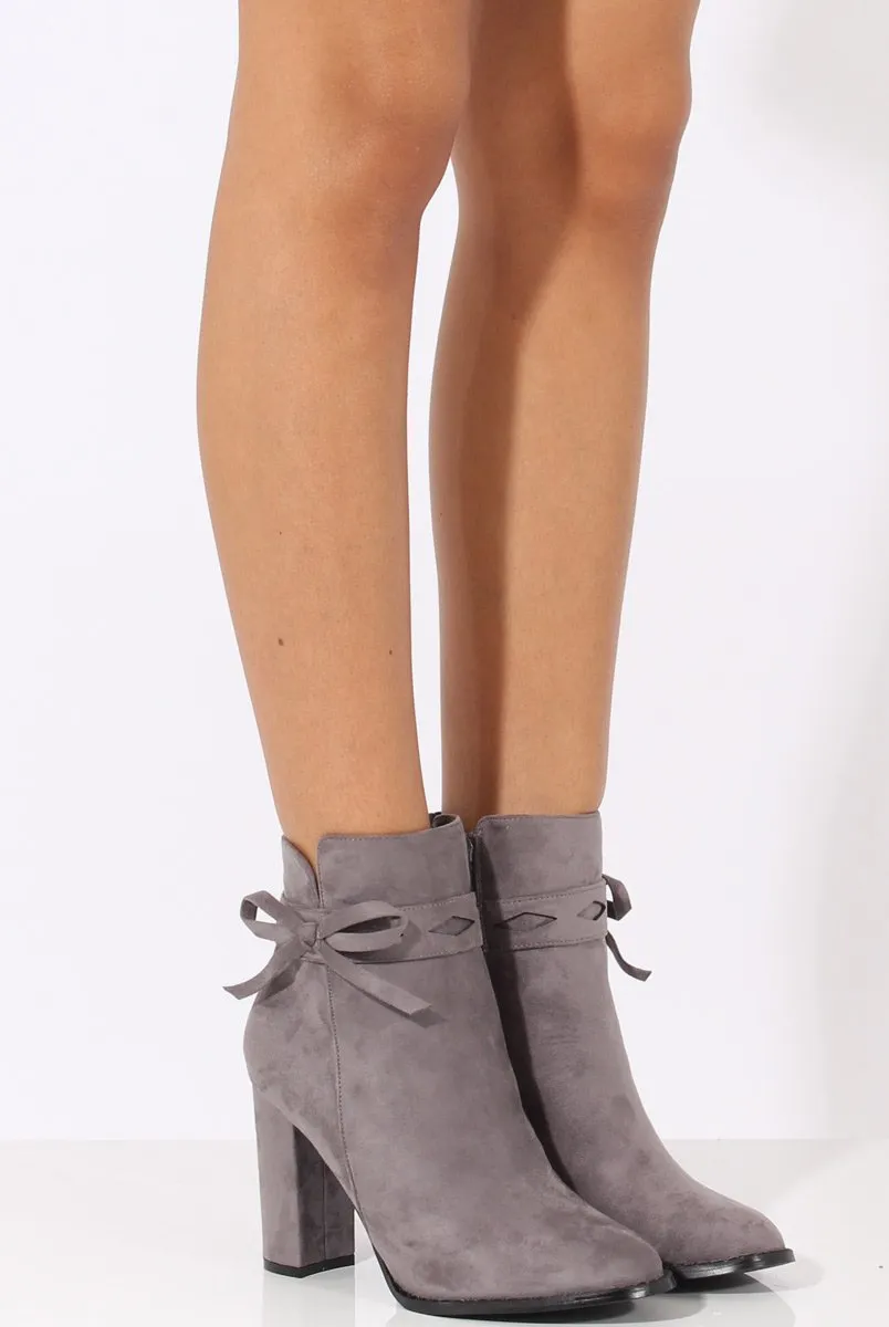 Grey Suede Bow Detail Heeled Ankle Boots - Emrata